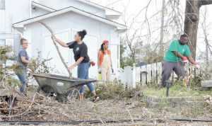 Youth cleaning up yard debris