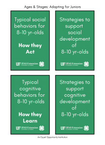 Ages and stages flash cards for working with 4-H Juniors 8-10 years old