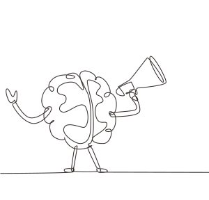 line drawing of a brain holding a megaphone