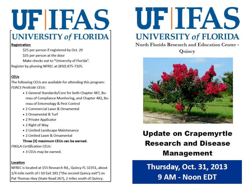 Crapemyrtle Research and Disease Management Update: Thursday,October 31; FL Pesticide and FNGLA CEUs available