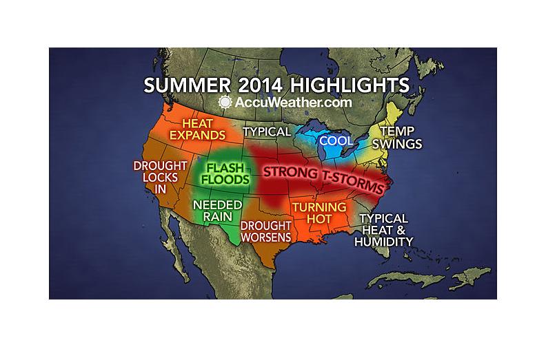 Expect typical heat and humidity east of the Apalachicola River with hotter temperatures west.  http://www.accuweather.com/en/weather-video/video-summer-2014-forecast-highlights-drought-severe-weather-increase/3520160310001