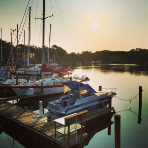 Boats at dock in harbor