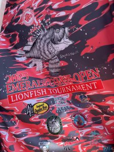 Back of Emerald Coast Open lionfish tournament t-shirt (2025)