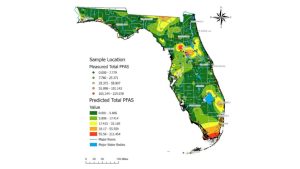 Map with measured total PFAS samples across a gradient of low concentrations (green dots) to medium concentrations (yellow dots) to higher concentrations (red dots). Shaded map colors are the predicted total PFAS using estimated values of PFAS concentrations from low (green) to high (red). Data, figure, and result interpolation from Sinkway et al. 2024.