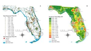 Map A contains all surface water sampled sites with detected PFAS, where the dots' color represents the total PFAS concentration measured. Map B shows predicted PFAS levels based on measured total PFAS concentrations in surface water samples. Note that these values do not represent predicted PFAS concentrations on land. Data, figure, and result interpolation from Camacho et al. 2024.