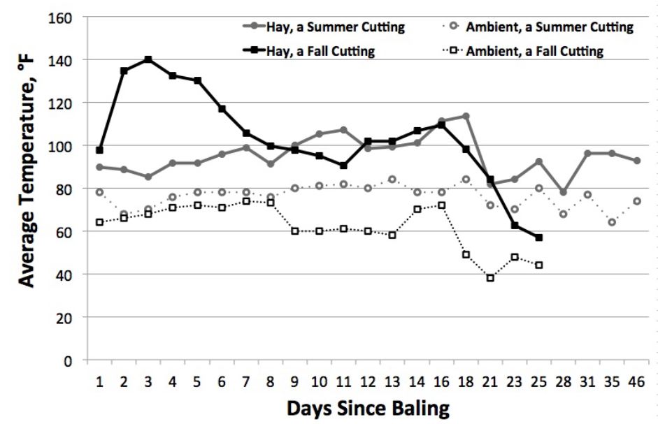 Figure 2. Temperature of round bale alfalfa hay from summer (16% moisture) and fall (20% moisture) cuttings relative to the ambient air temperature during the first few days after baling.