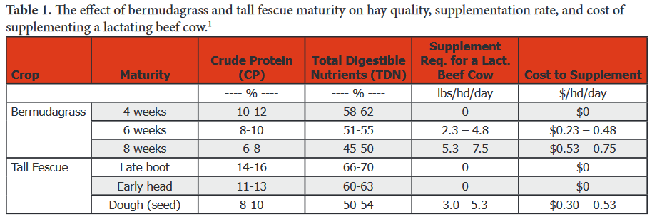  Assumptions: 1,200 lb beef cow, average to above-average milking ability, first three months postpartum, 6.0 lbs of TDN required daily, and supplement that provides 85% TDN and costs $200/ton ($0.10/lb). Source: 