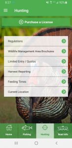 Screenshot of the Hunting screen from the Hunt|Fish Florida App. 