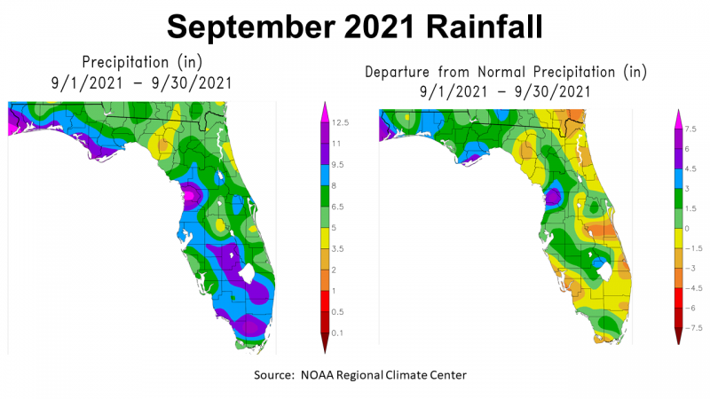 September 2021 NOAA Rainfall in Florida vs Normal