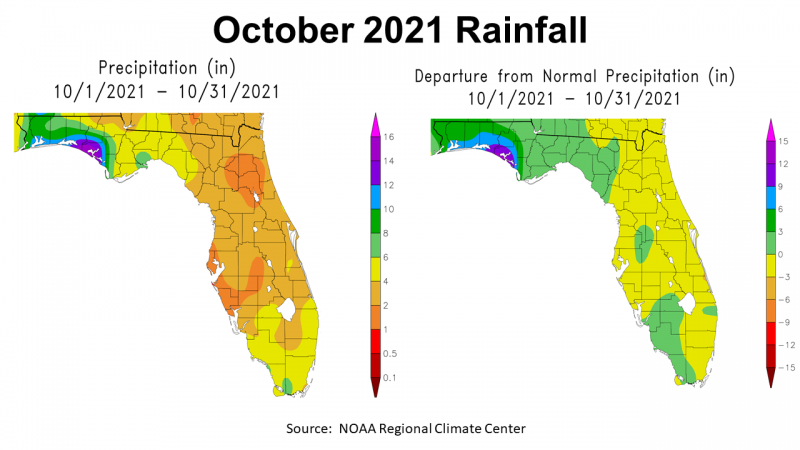 October 2021 NOAA Rainfall in Florida vs Normal