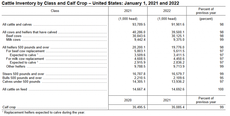 Jan 1 2022 Cattle Inventory by class table