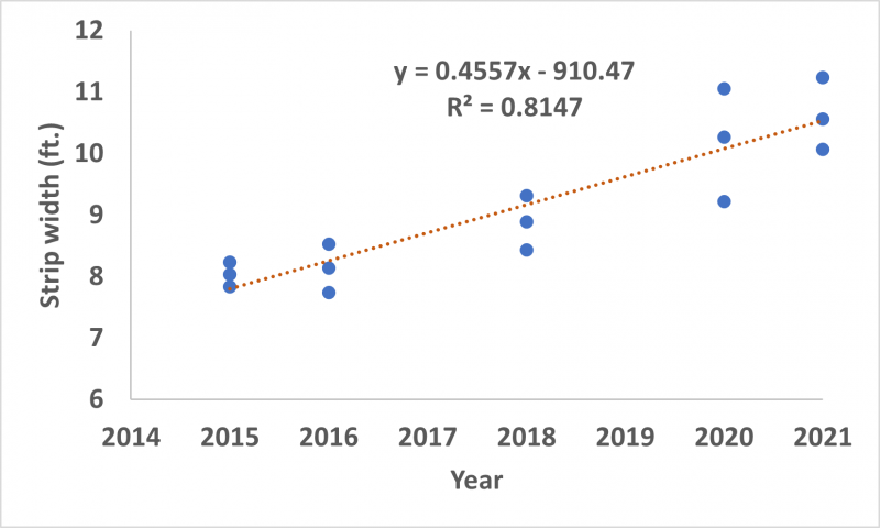 Figure 4 Graph showing width of RP Strip lateral growth through the years