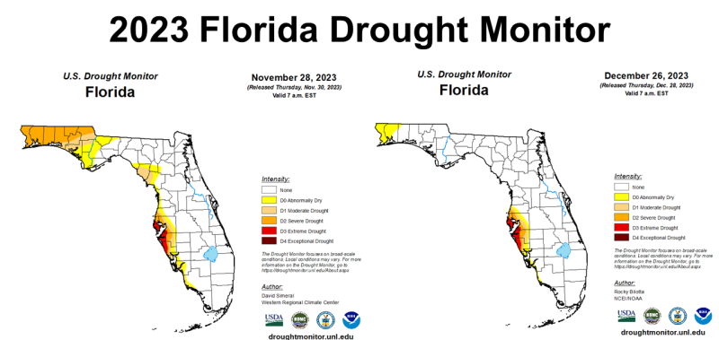 December 2023 FL Drought Monitor comparison