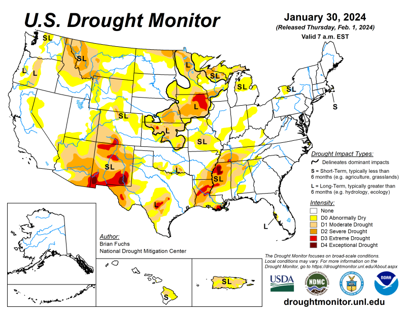 January 30 2024 US Drought Monitor map