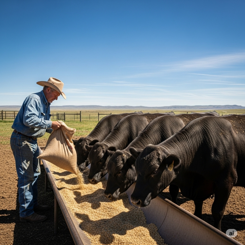 cowboy feeding four Angus steers in a trough