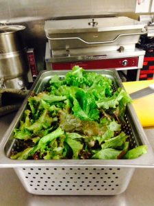 A large perforated metal tray filled with freshly harvested green and red leaf lettuce in a commercial kitchen.