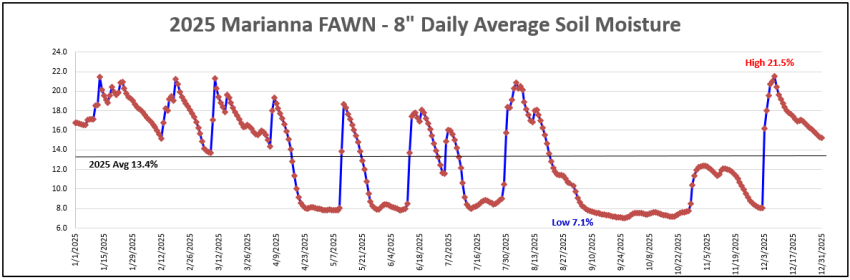 2025 Daily Average 8 inch Soil Moisture Average Marainna FAWN Station