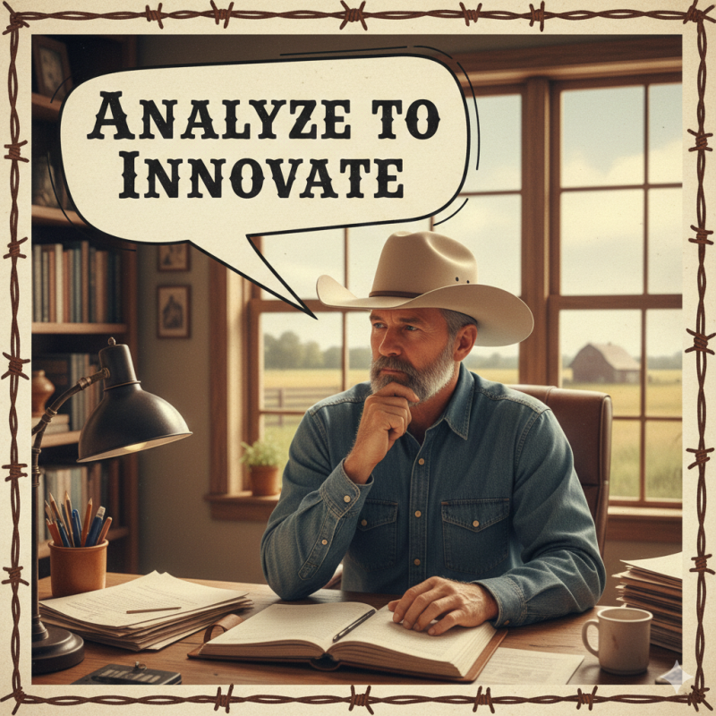 rancher studying his ranch records is inspired to analyze to innovate