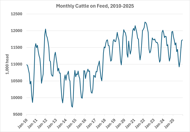 2010-2025 Monthly Cattle on Feed Chart