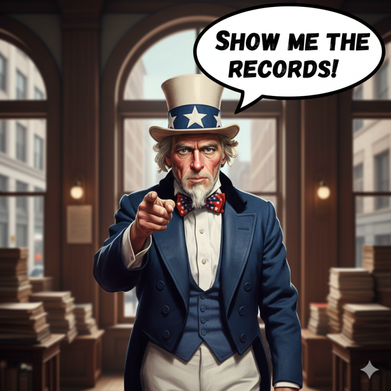 Uncle Sam pointing and saying Show me the records